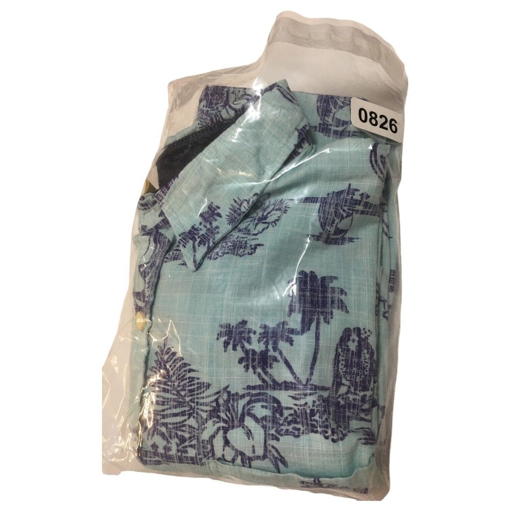 Rustic Blue Top Mens L Hawaiian Tropical Cotton Button Up Short Sleeves Blue - Picture 11 of 11